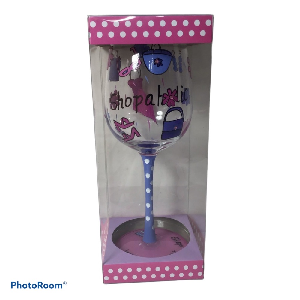 Shopaholic Plastic‎ Painted Wineglass NWOT